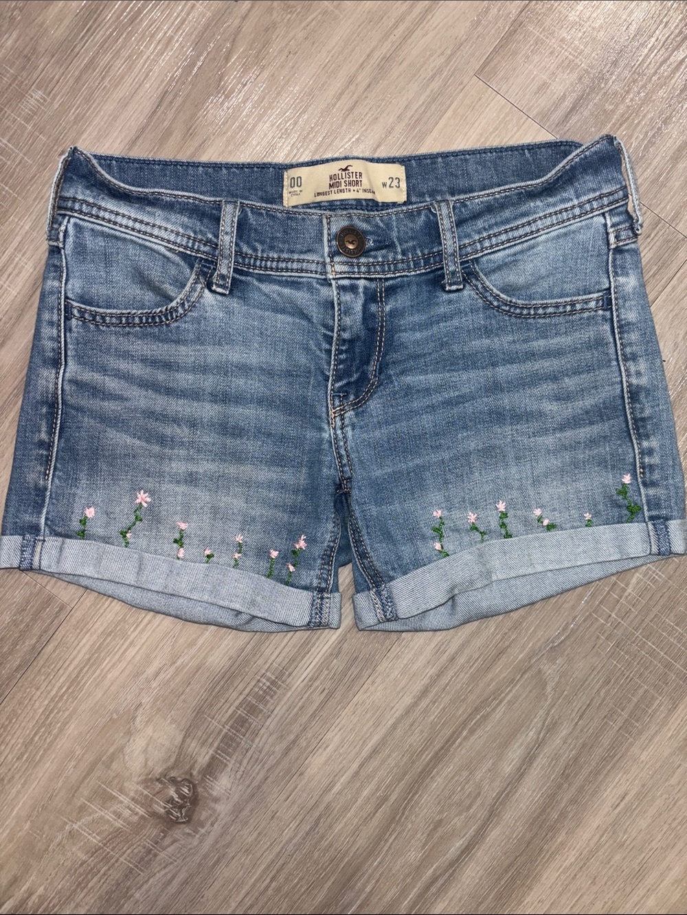 Hollister Light Blue Denim Shortalls with Pink Floral Hem Embroidery